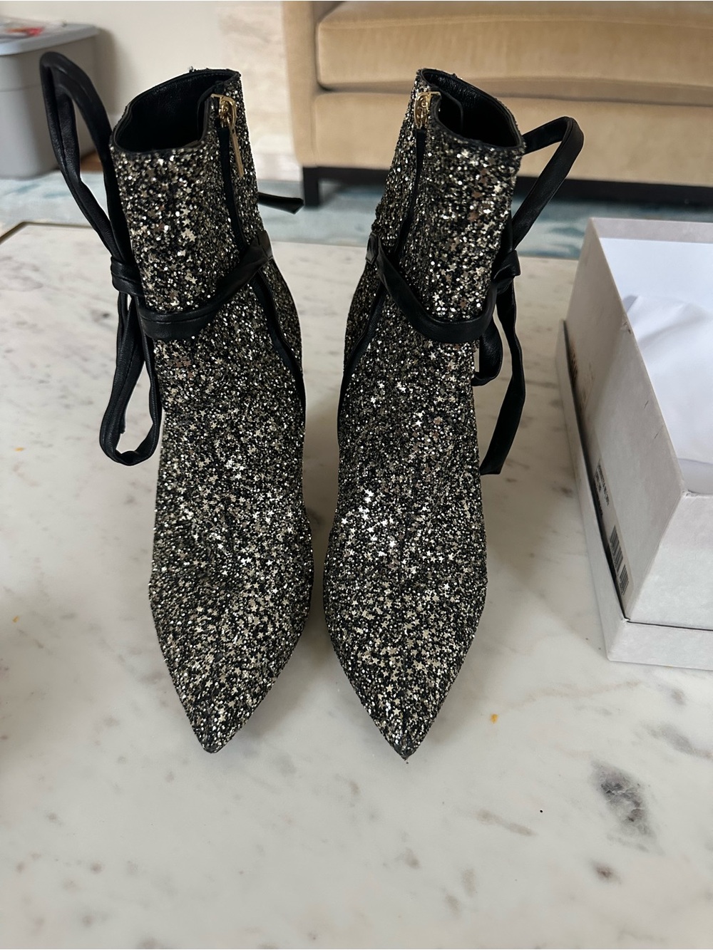 Jimmy Choo Black and gold Glitter Pointed Ankle Boots gold zippers size 39.5